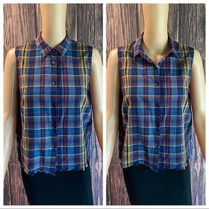 Madewell size medium distressed blue red & yellow plaid button down vest